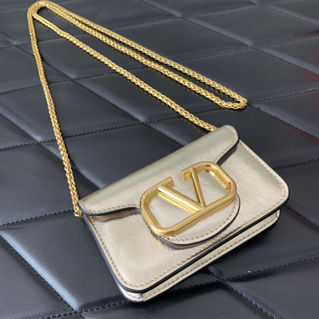 Valentino Garavani Loco Micro Bag in Gold Calfskin Leather with Chain